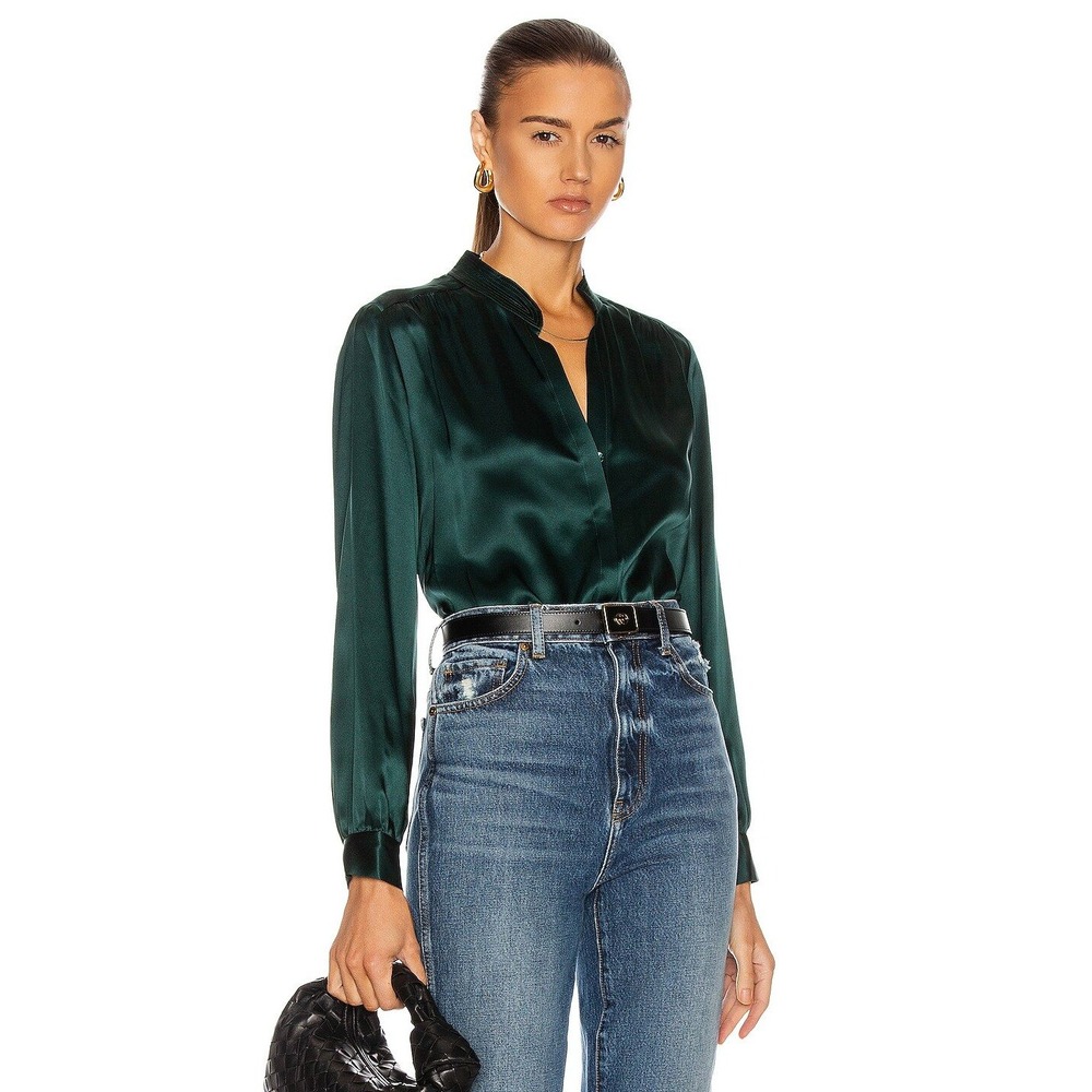 L'AGENCE Emerald Green 100% Silk Band Collar Button Down Blouse 4490CLW Large